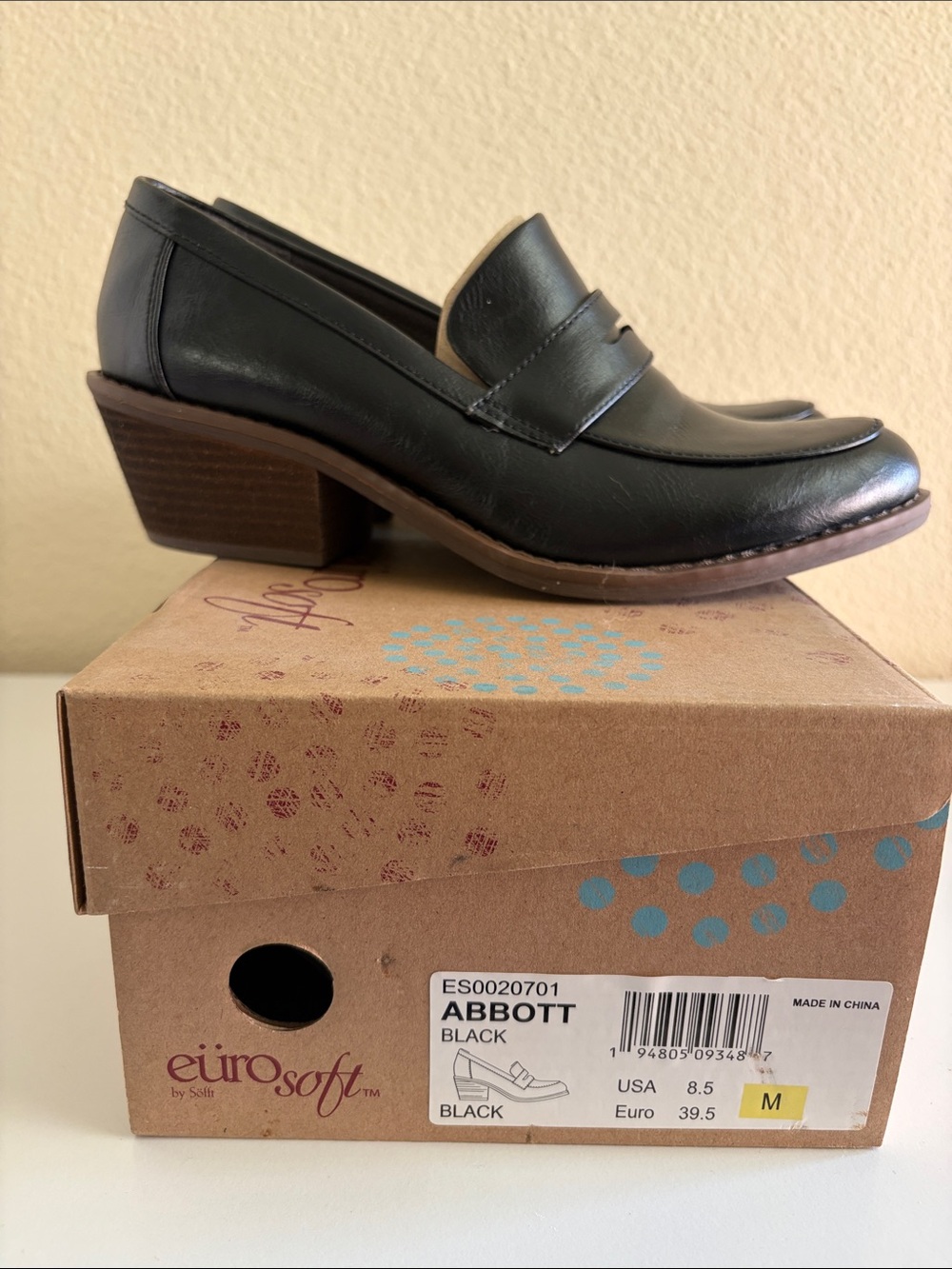 Abbott Black Leather Low Block Heel Loafer